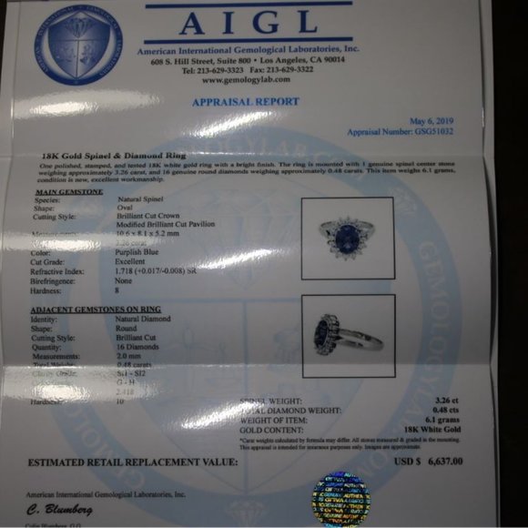 Blue Spinel 3.26ct Diamonds 18K White Gold Ring - Picture 8 of 8